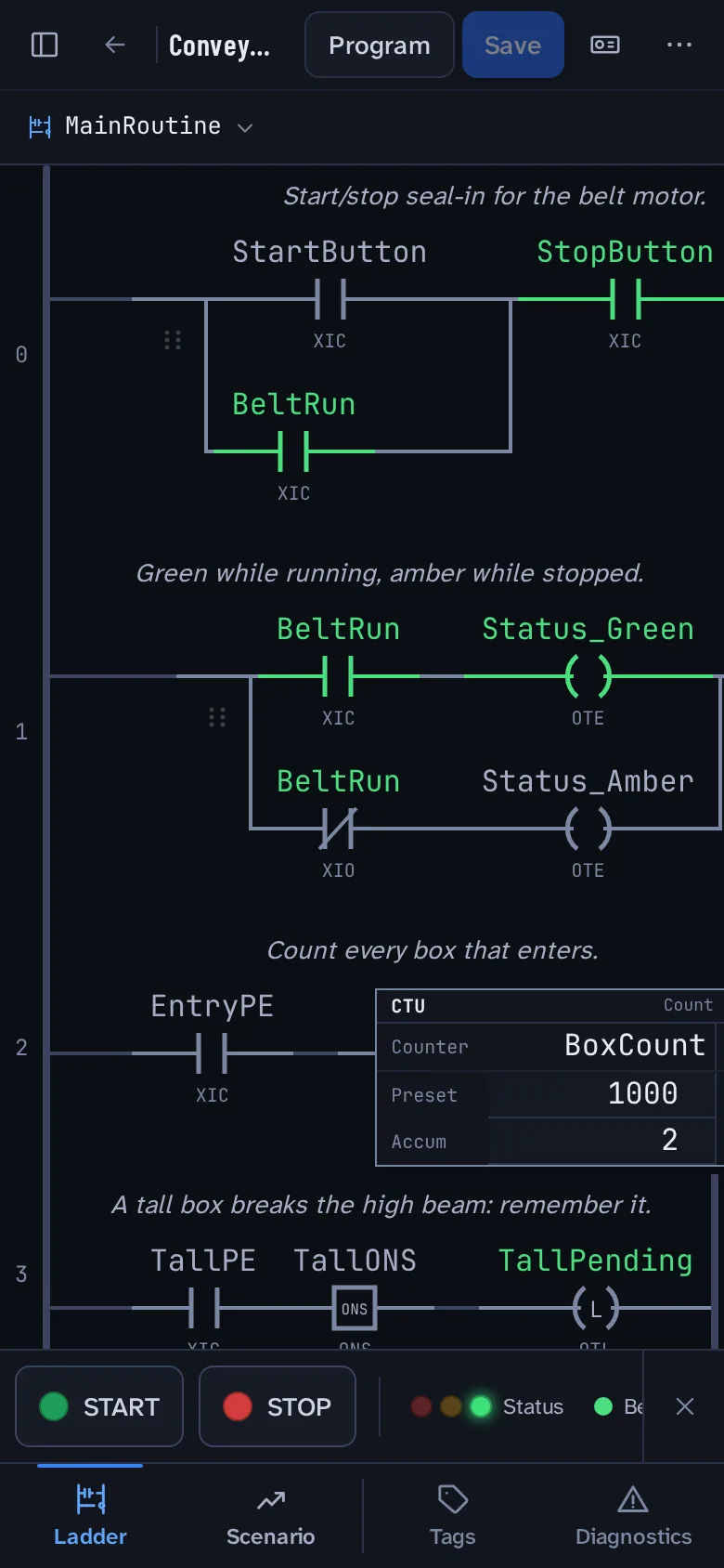 The app on a phone: the conveyor ladder running with the operator strip of Start and Stop buttons and status lamps below it.